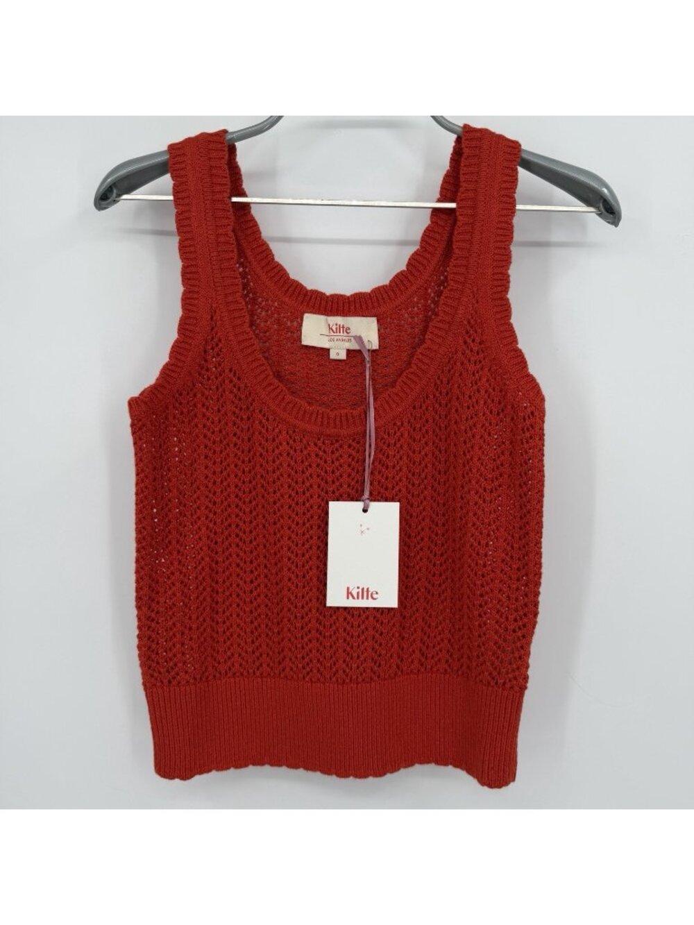 Kilte Collection Hailey Crochet Knit Tank in Cherry Red 0/XS Cotton-Cashmere